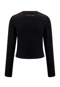 Black long-sleeve crop top made of soft fabric. Features a round neck and a signature logo in red stitched at the upper back.