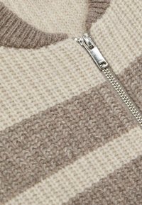 En beige och ljusbrun randig stickad tröja med en texturerad yta, som har en silverdragkedja vid halsen och en ribbad krage.