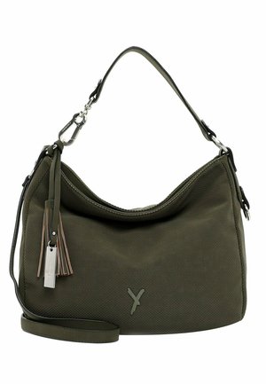 Zielona torba na ramię z tkaniny o fakturowanej powierzchni, regulowanym paskiem, srebrnymi elementami i dekoracyjnymi frędzlami. Posiada logo z przodu.