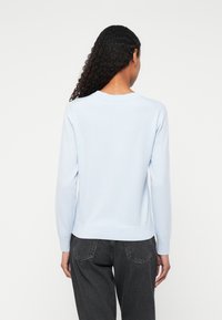 Gaiši zils džemperis ar garām piedurknēm un apaļu kakla izgriezumu, ar ribotu piedurkņu un apakšmalu. Nēsāts virs tumšām džinsām. Gluda tekstūra.