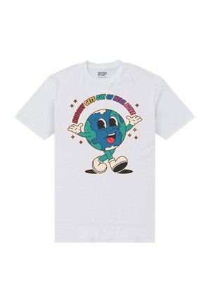 T-shirt en coton blanc avec un personnage de la Terre en cartoon, les bras écartés, un texte multicolore et une expression souriante.