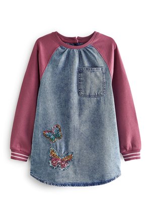 Denim tunic with burgundy raglan sleeves, featuring a front pocket and three sequin butterflies in vibrant colors on the front.