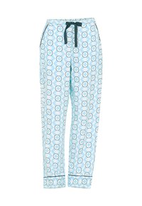 Pantalons de pyjama bleu clair à motifs avec des designs circulaires en bleu foncé et blanc. Comprend une taille élastique et un cordon de serrage bleu foncé.