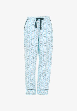 Lichtblauwe pyjama broeken met een patroon van cirkelvormige ontwerpen in donkerblauw en wit. Voorzien van een elastische tailleband en een donkerblauwe trekkoord.