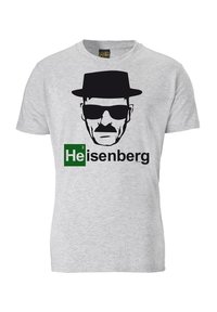 Gray cotton t-shirt featuring a black graphic of a man with sunglasses and a hat, displaying the text "Heisenberg" in bold lettering.