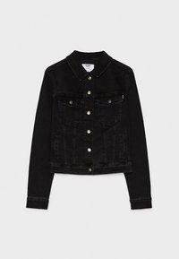 Black denim jacket with a collar, long sleeves, two chest pockets, and silver hardware buttons. Smooth texture, fitted design.
