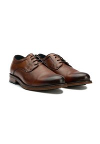 Brown leather dress shoes with a smooth texture, rounded toe, lace-up design, and a low stacked heel. Minimalist stitching detail.