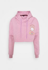 Růžová krátká mikina s kapucí z měkké látky s velkou kapucí. Obsahuje grafiku „Hello Kitty“ a fialové šňůrky. Dlouhé rukávy s logovými akcenty.