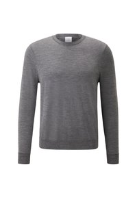 Grijze langemouwen crewneck trui van zacht materiaal, met ribgebreide manchetten en zoom, met een eenvoudig en strak ontwerp.