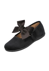 Bailarinas de ante negro con punta redonda, banda elástica y un gran lazo de tela en la parte delantera. Ligeras, con suela de goma plana.