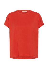 T-shirt rouge à manches courtes en coton. Doté d'un col rond et de accents de boutons sur les épaules. Texture douce, coupe décontractée.