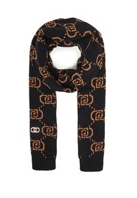 Sciarpa nera con un motivo a vortice ripetuto in marrone chiaro, con estremità a coste e un piccolo dettaglio con logo su un lato.