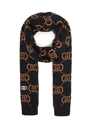 Black scarf featuring a repeating swirl pattern in light brown, with ribbed ends and a small logo detail on one side.