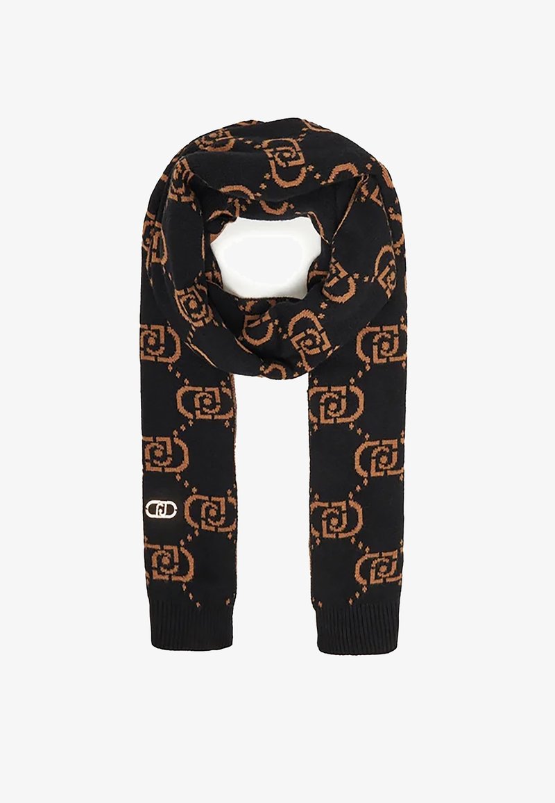 Sciarpa nera con un motivo a vortice ripetuto in marrone chiaro, con estremità a coste e un piccolo dettaglio con logo su un lato.
