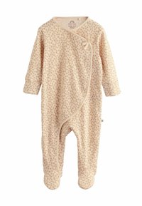 Kergelt roosa beebi bodi, mis on valmistatud pehmest kangast, ja millel on väike lillemuster ning nupud esiosas ja jalgadel.