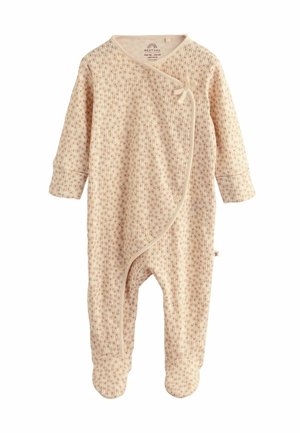 Helles rosa Baby-Overall aus weichem Stoff, mit einem kleinen Blumenmuster und Druckknöpfen an der Vorderseite und den Beinen.