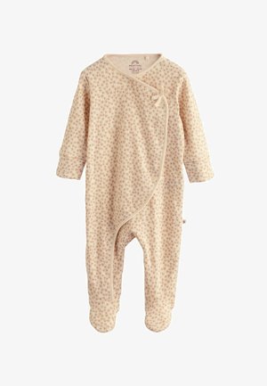 Gaiši rozā mazuļu ķermeņa kostīms, izgatavots no mīkstas auduma, ar mazu ziedu rakstu un pogātu aizdari gar priekšpusi un kājām.