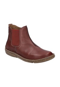 Braunes Leder-Ankle-Boot mit elastischen seitlichen Einsätzen, runder Zehenpartie und einer strukturierten, natürlichen Gummisohle. Doppelnähte entlang der Kanten.