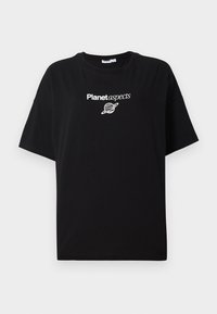 Black cotton t-shirt with a relaxed fit. Features white text "Planet aspects" and a graphic of a planet. Short sleeves and crew neckline.