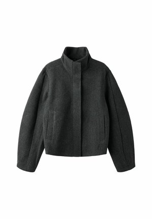Veste en laine gris foncé avec col montant, fermeture frontale dissimulée, manches longues et poches latérales sur fond blanc.
