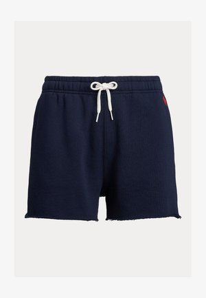 Granatowe bawełniane szorty z elastycznym paskiem w talii, białym sznurkiem do zawiązywania, surowym wykończeniem u dołu oraz małym czerwonym wyszywanym logo z boku.