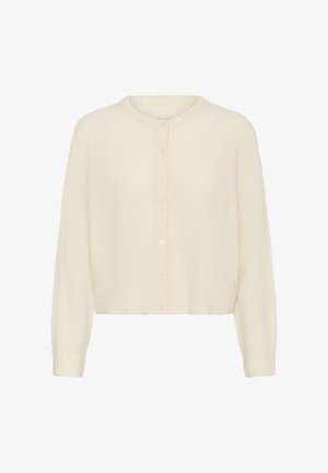 Kreemikreem, pika varrukaga kootud kardigan ümarate kaelustega ja esise paelaga, esitatud valge tausta against.