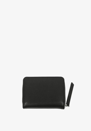 Black leather wallet with a textured finish, rectangular shape, zip closure, and a small leather zipper pull tab on the side.