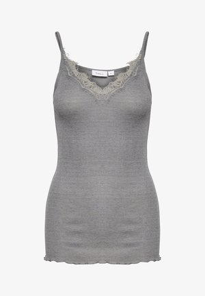 Débardeur gris en tricot avec des bretelles fines, présentant un décolleté en V bordé de dentelle légère et d'un ourlet en forme de vagues.