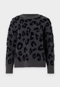 Maglione fuzzy grigio scuro con motivo a stampa leopardata nera, colletto girocollo a coste, polsini e orlo, su uno sfondo chiaro uniforme.