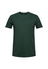 T-shirt vert foncé à manches courtes et col rond avec une petite poche poitrine sur le côté gauche, design uni.