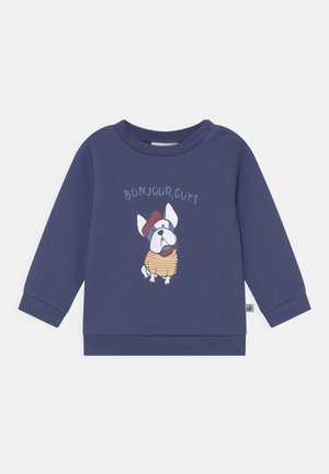 Navyblå langærmet trøje til småbørn med illustration af en hund iført en stribet skjorte og baret, samt teksten "BONJOUR, GUYS" foran.