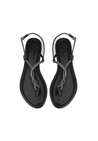 Zwarte platte sandalen met een gevlochten bandontwerp en metalen accenten. Glad leren voetbed met een minimalistische gesp.