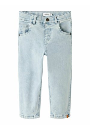 Hele sinised beebipüksid esitaskute, vööaasade, nööbikinnituse ja väikese nahast sildiga parema jala alumisel äärel.