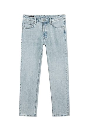 Jeans in denim azzurro chiaro con design a gamba dritta, dotati di chiusura a bottone e cerniera, cinque tasche e una texture leggermente usurata.