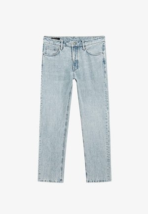 Light blue denim jeans with a straight-leg cut, five-pocket design, and subtle faded texture. Features a button closure and belt loops.