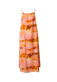 Lang, mouwloos jurk met een geraffineerde halslijn. Heeft een tie-dye patroon in tinten van roze, oranje en bruin. Lichtgewicht stof valt zachtjes.