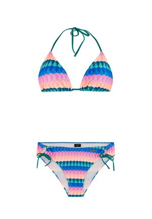 Dvobojni bikini s valovitim uzorkom u zelenoj, plavoj, ružičastoj i breskvastoj boji; trokutasti top s vezicama oko vrata i donji dio s bočnim vezicama.