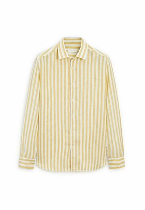 Hellgelbes und weiß gestreiftes Langarmhemd mit Knopfkragen und durchgehenden Knöpfen vorne. Hergestellt aus leichtem Stoff, mit geknöpften Manschettenärmeln.
