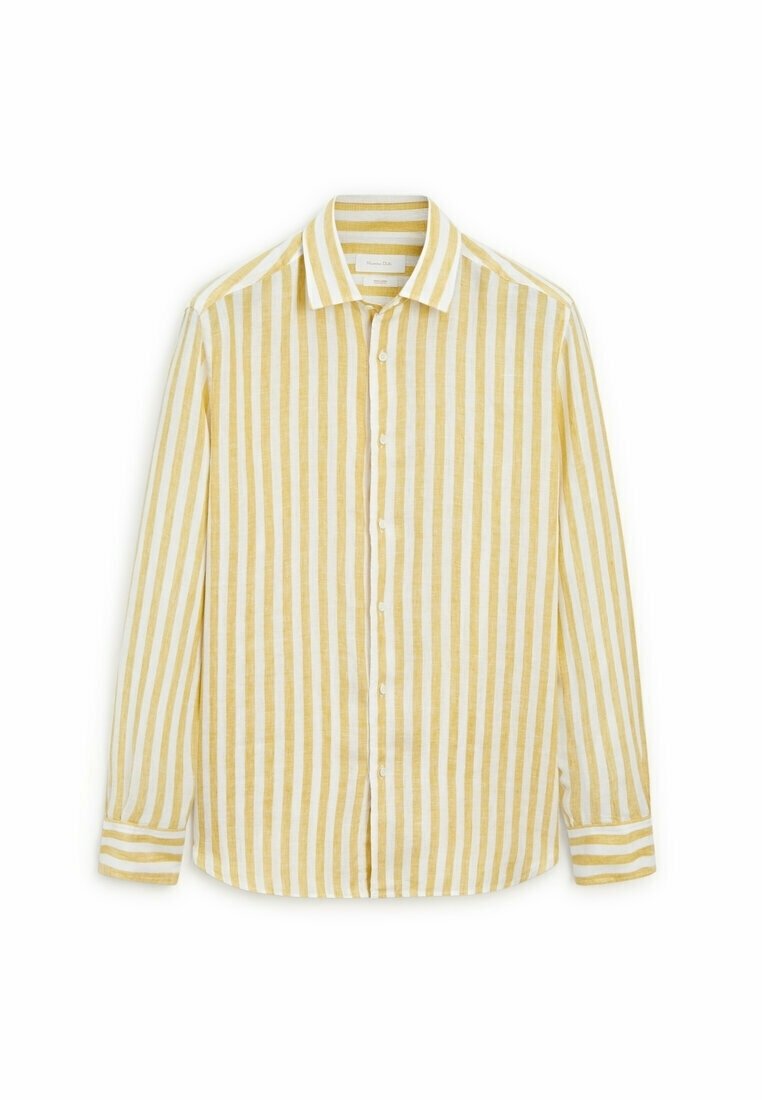 Chemise à manches longues rayée jaune clair et blanche avec un col boutonné et des boutons sur le devant. Confectionnée dans un tissu léger, avec des manches à poignets.