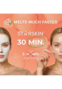 Vrouw met een wit gezichtsmasker links, die rechts een transparant masker afpelt, benadrukt dat Starskin in 30 minuten smelt tegenover 3–8 uur bij anderen.