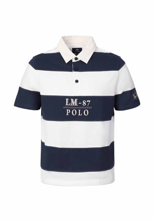Marineblau und weiß gestreiftes Poloshirt mit Kragen, zwei Knöpfen, Schriftzug "LM-87 POLO" vorne und besticktem Logo auf dem linken Ärmel.