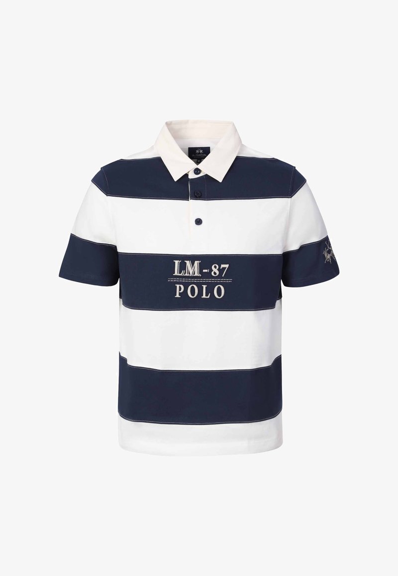 Marineblauw-wit gestreept poloshirt met kraag, twee knopen, tekst "LM-87 POLO" voorop en geborduurd logo op linker mouw.