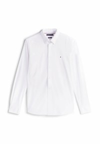 Camicia bianca a maniche lunghe con bottoni in cotone, con colletto classico, chiusura frontale con bottoni e un piccolo logo sul lato sinistro del petto.