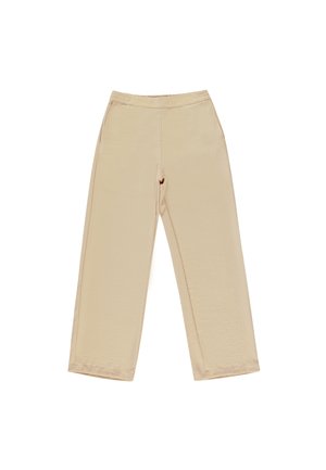 Pantalons larges beiges en tissu léger, avec une taille élastique et des poches latérales pour plus de facilité et de confort.