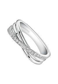El anillo de plata presenta bandas entrelazadas, una de las cuales tiene una fila de pequeños diamantes redondos. Acabado suave y pulido con un diseño elegante y moderno.