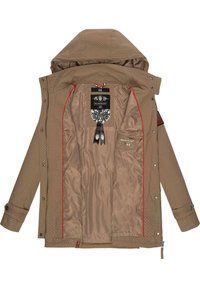 Veste à pois bruns avec capuche, doublée de tissu beige lisse, présentant des accents rouges et des étiquettes à l'intérieur, avec des poignets à boutons et une fermeture éclair.