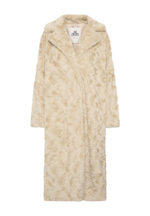 Lange beige jas van nep bont met een gestructureerd patroon, met opengesneden revers en een open voorkant. Heeft lange mouwen en een lengte tot aan de knieën.