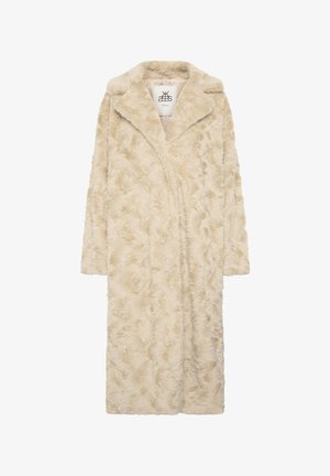 Lange beige jas van nep bont met een gestructureerd patroon, met opengesneden revers en een open voorkant. Heeft lange mouwen en een lengte tot aan de knieën.