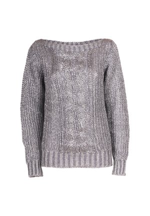 Gray knitted sweater with an off-the-shoulder design, featuring a cable knit pattern and ribbed cuffs and hem. Textured yarn with sheen.