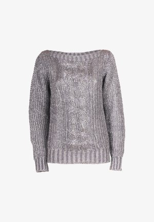 Suéter gris de punto con un diseño al hombro, que presenta un patrón de trenzas y puños y borde acanalados. Hilo texturizado con brillo.